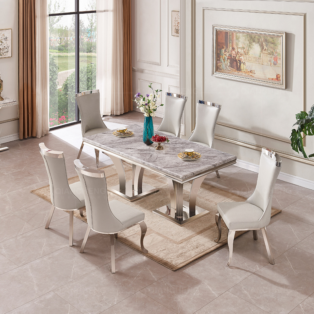 Wholesale luxury marble top dining table set with stainless steel frames Double base 1767