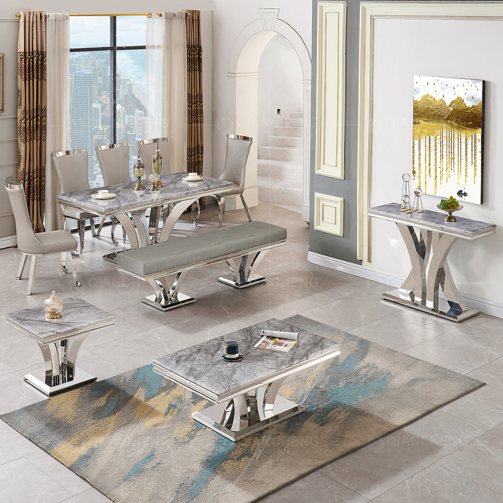 China Stainless Steel Dining Room Table Chairs And Bench Set Supplier