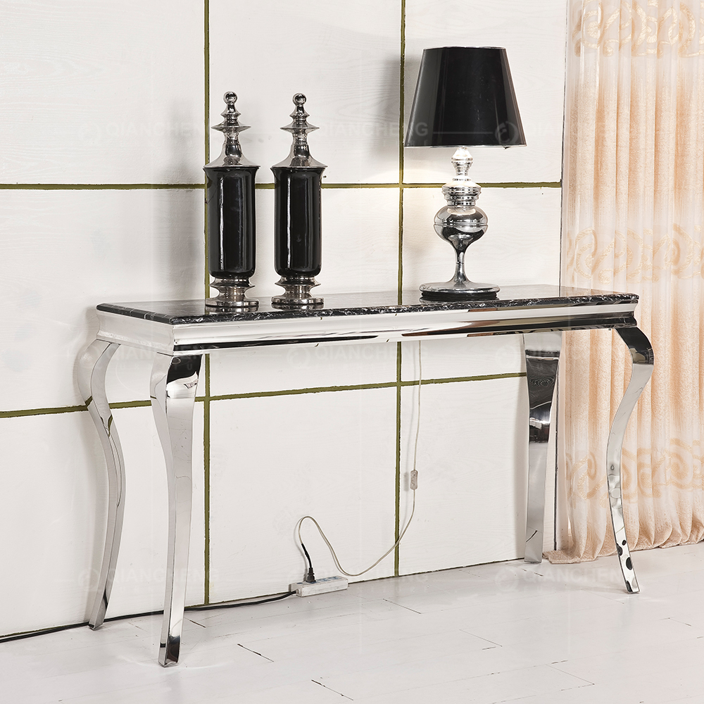 white console table with chrome legs