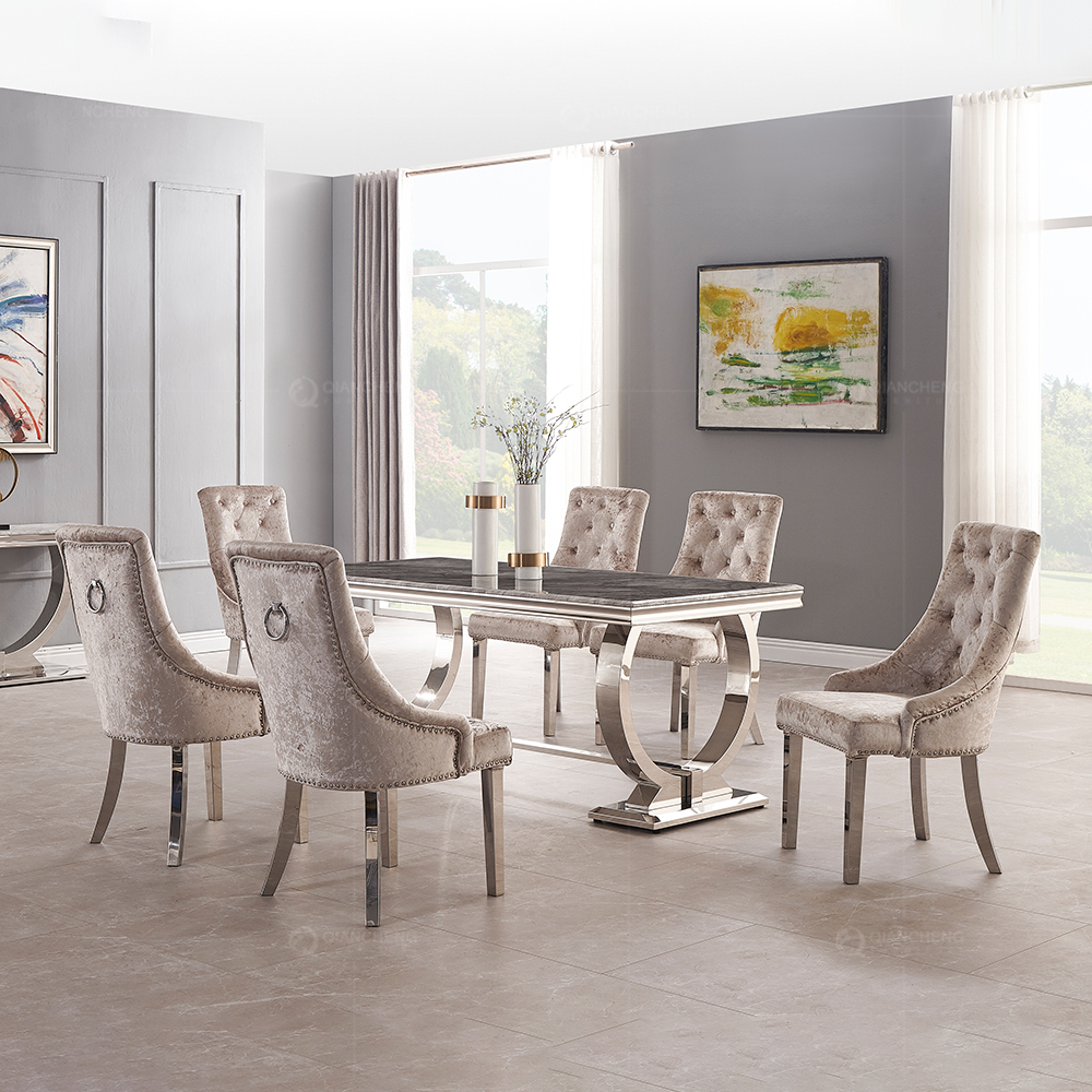 Qiancheng Home Furniture Large Dining Table Set Mirrored Stainless Steel