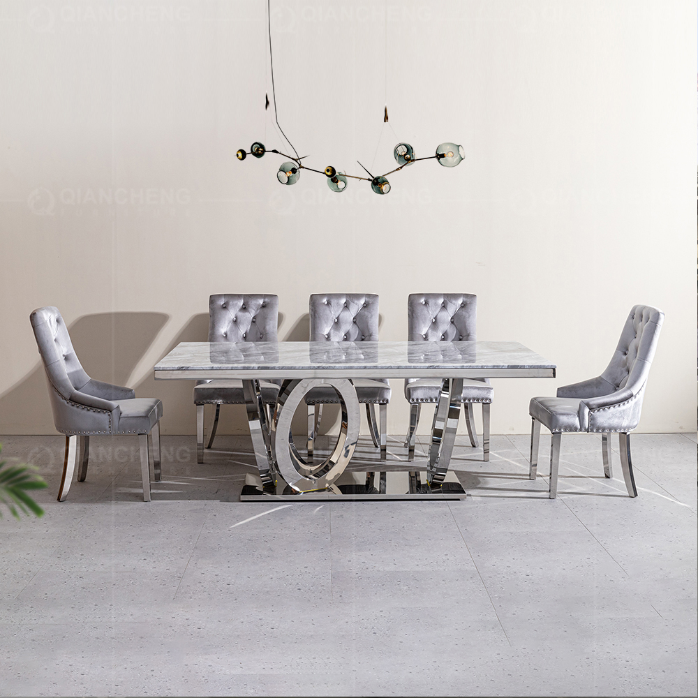 Qiancheng marble dining table and chairs with ss frame for Luxury home furniture
