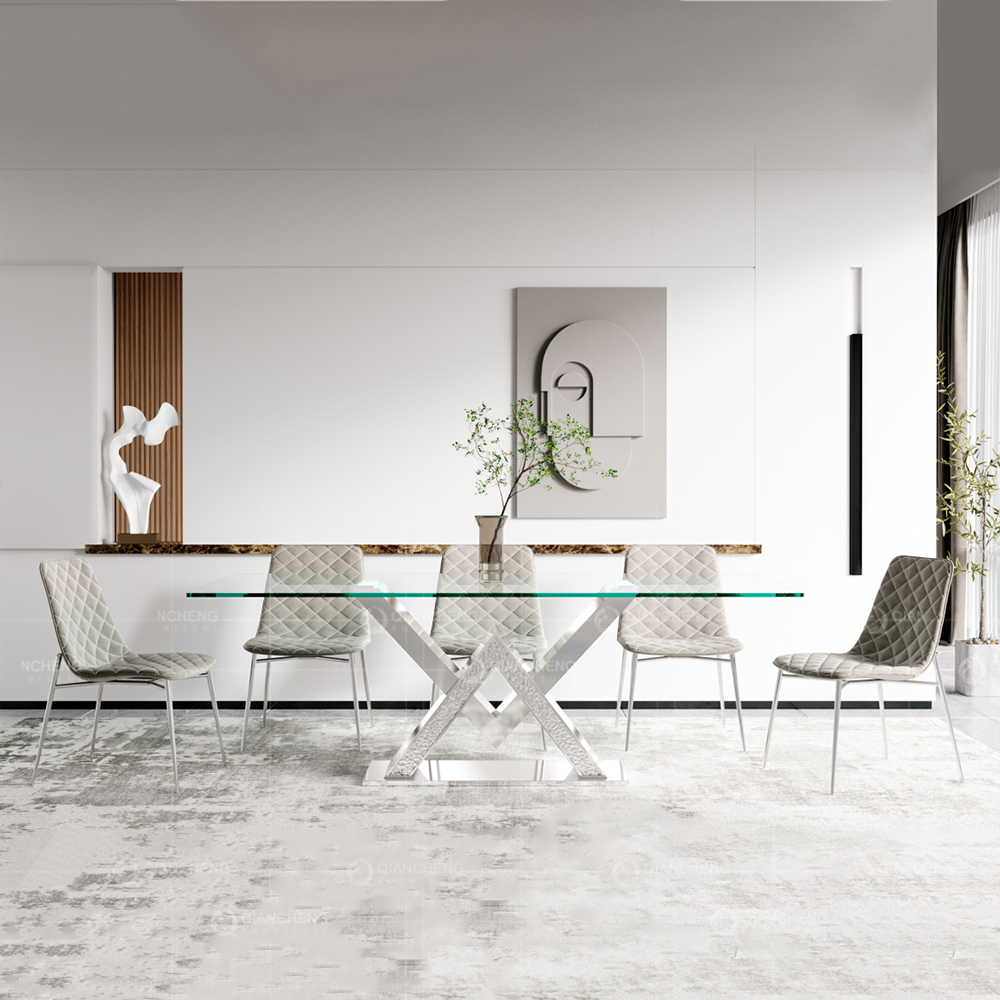Rectangular Glass Stainless Steel Dining Table 4 Seater Supplier 2055