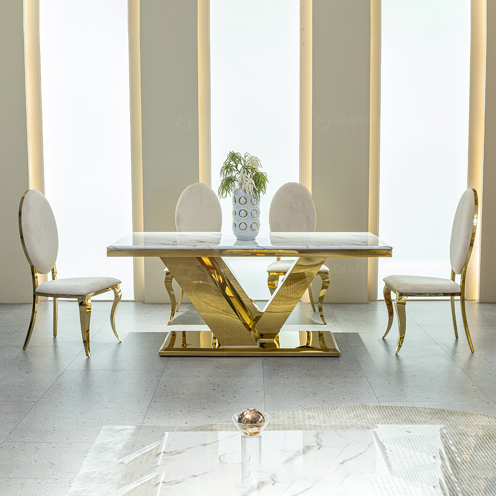 China White Marble Gold Dining Table Set