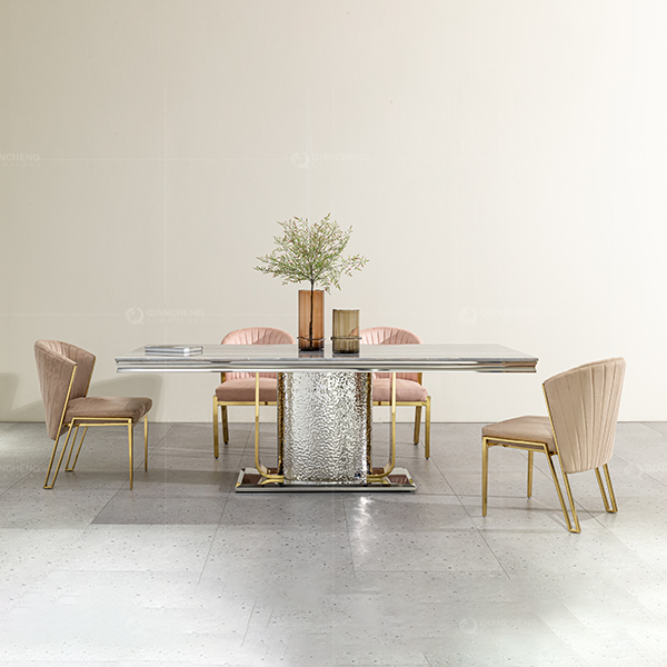 Artifical Marble Dining Table With Mirrored Silver Stainless Steel Frame For Six People Seat