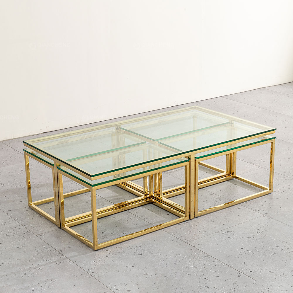 Glass Coffee Table Living Spaces,Golden Polished Stainless Steel Base Furniture