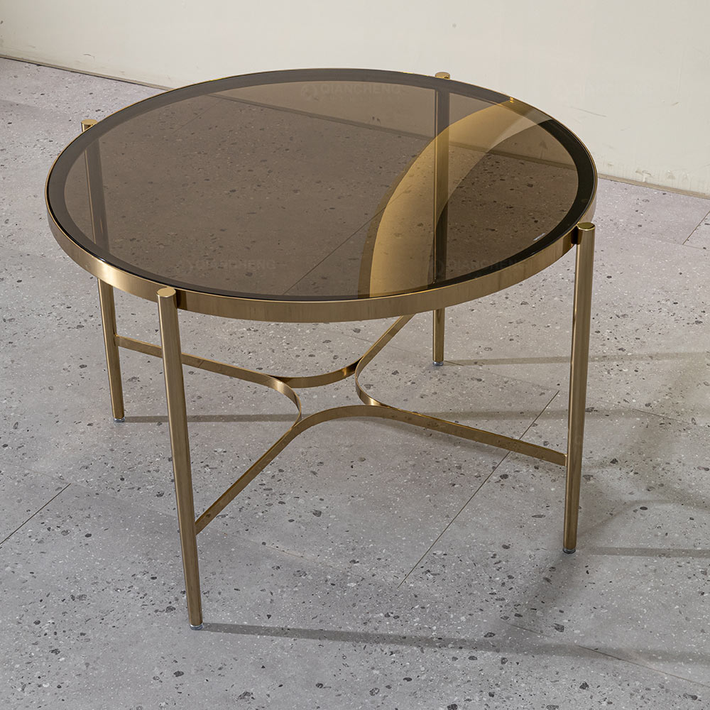 Customized New Innovations Furniture Metal Round Hammered Brass Coffee Table Brown Glass For Project