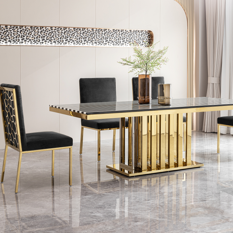 marble top stainless steel frame dining table 