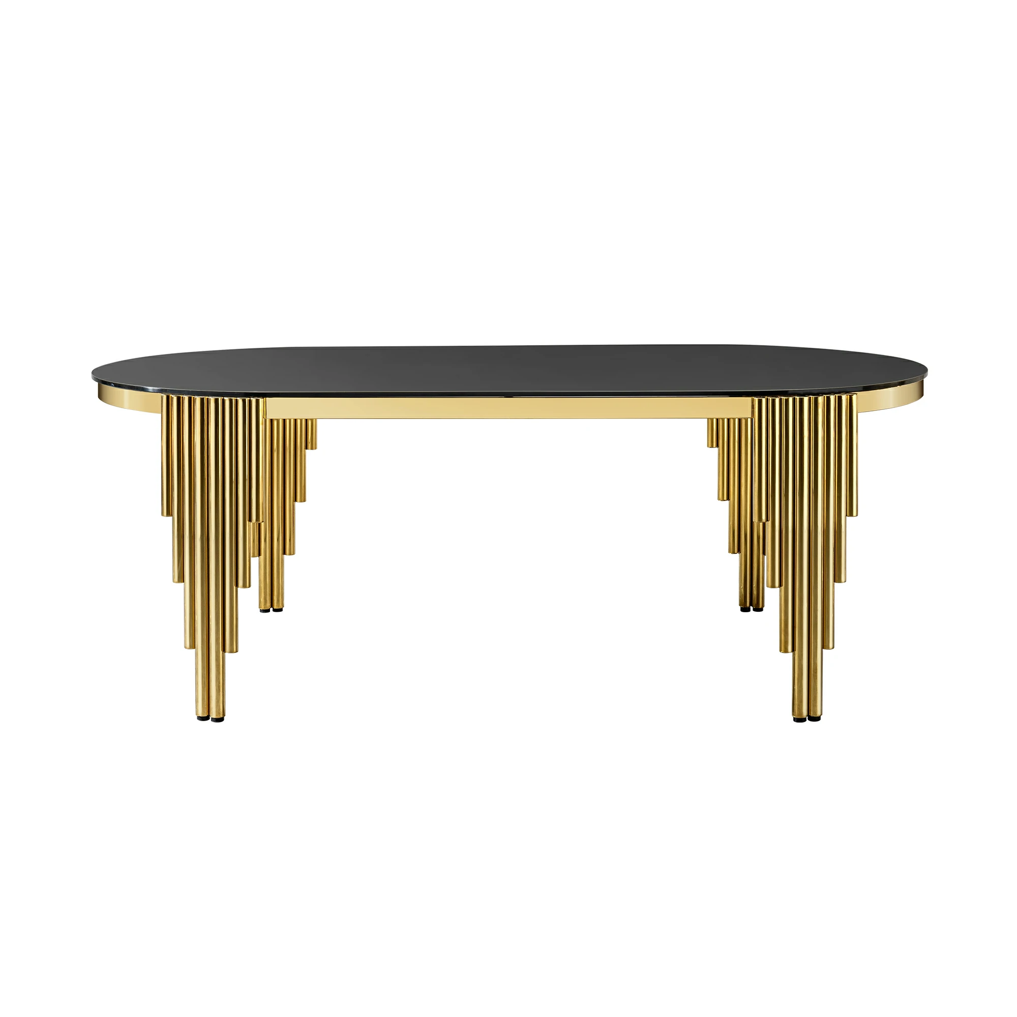 Luxury Black Glass Dining Table For Fine Dining | Oval Top Stainless Steel Leg