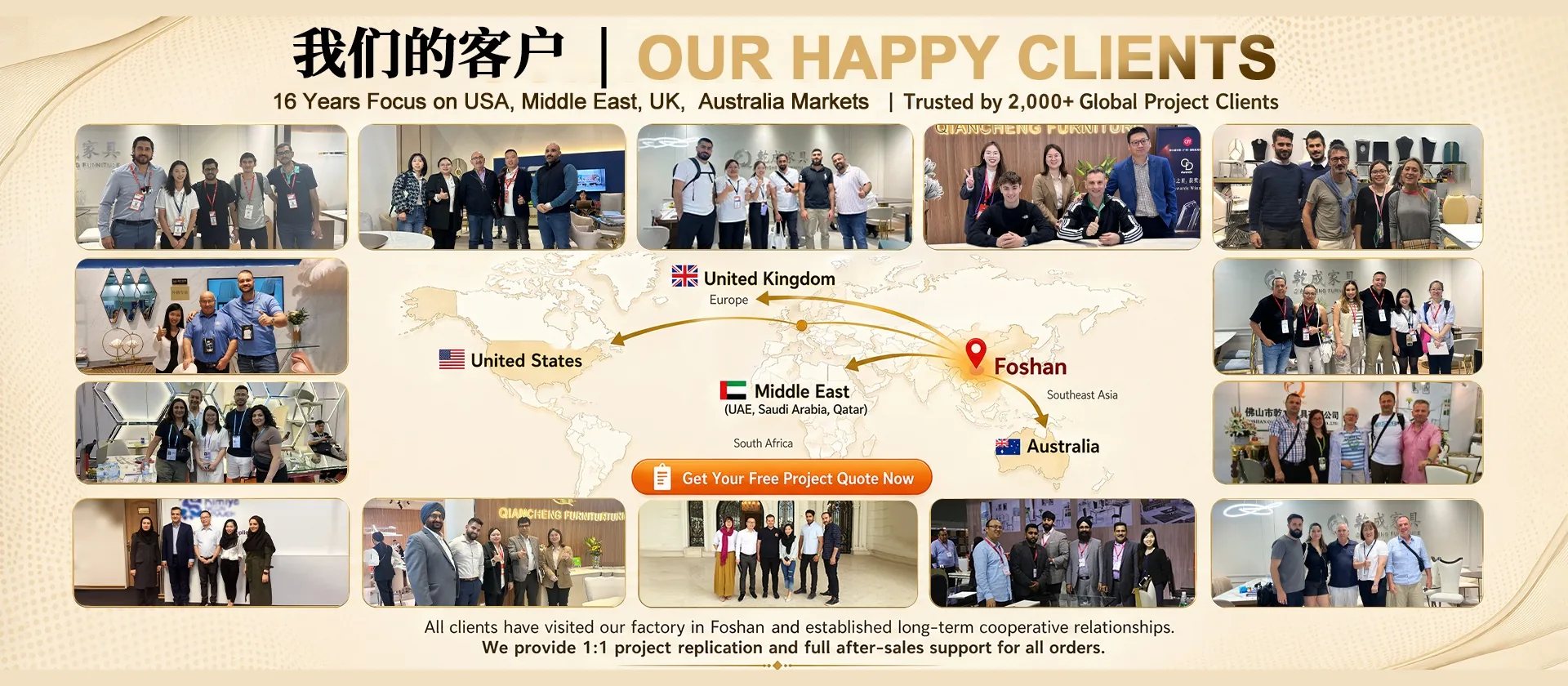 Qiancheng Furniture global B2B customers and partners visiting the Foshan showroom and factory