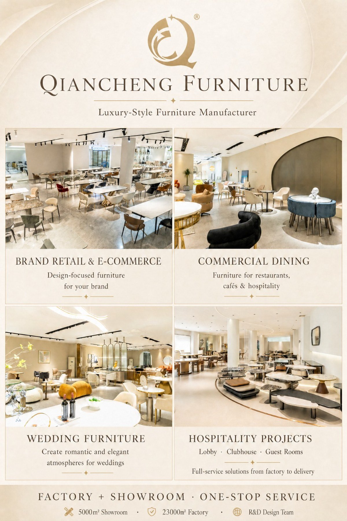 Qiancheng Furniture showroom in Foshan with dining, commercial and hospitality furniture displays