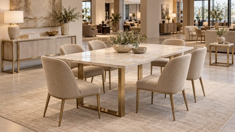Concept showroom with a coordinated stone-top dining set and matching console