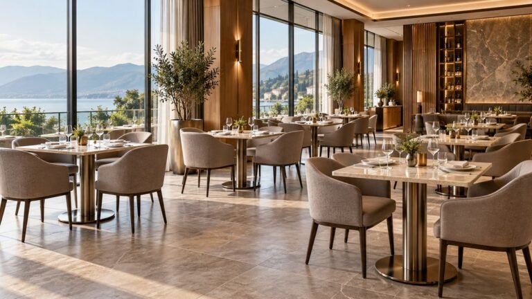 Concept hotel restaurant with coordinated stone-top tables and upholstered dining chairs