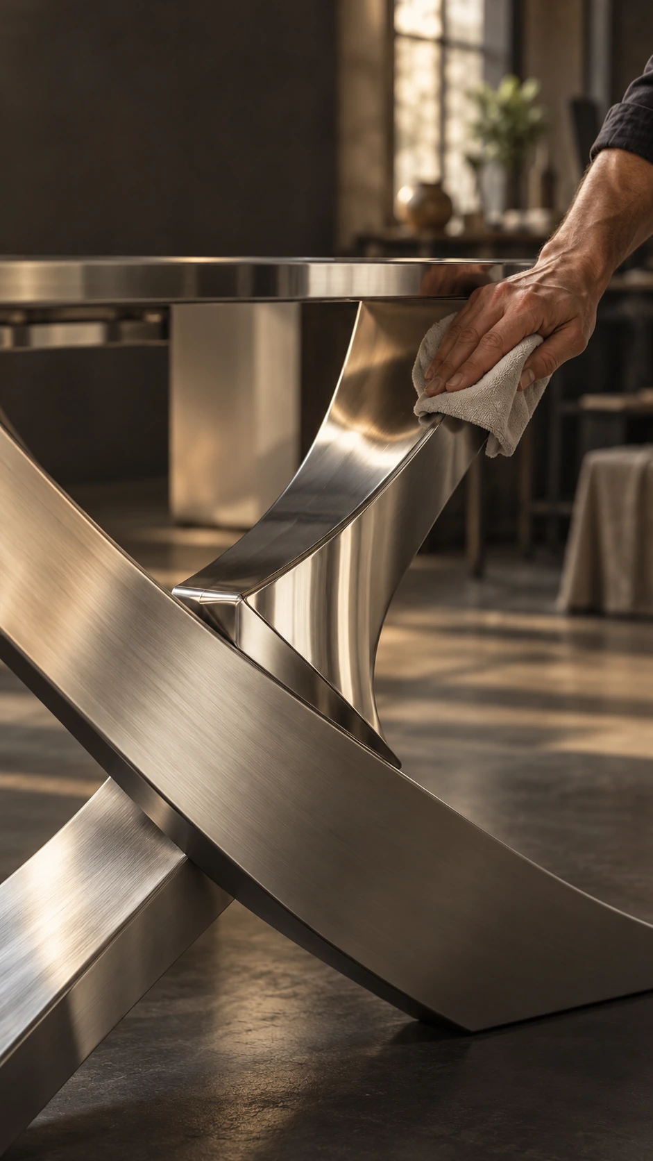 Polished stainless steel dining table base craftsmanship