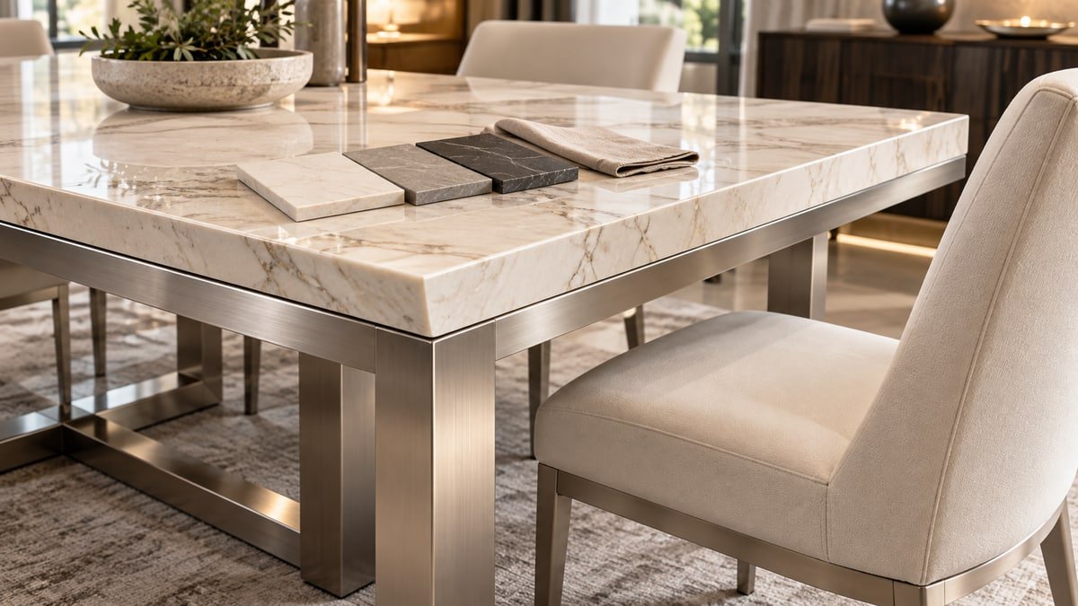 Concept detail view of a tabletop, chair and base for a furniture-store sales demonstration
