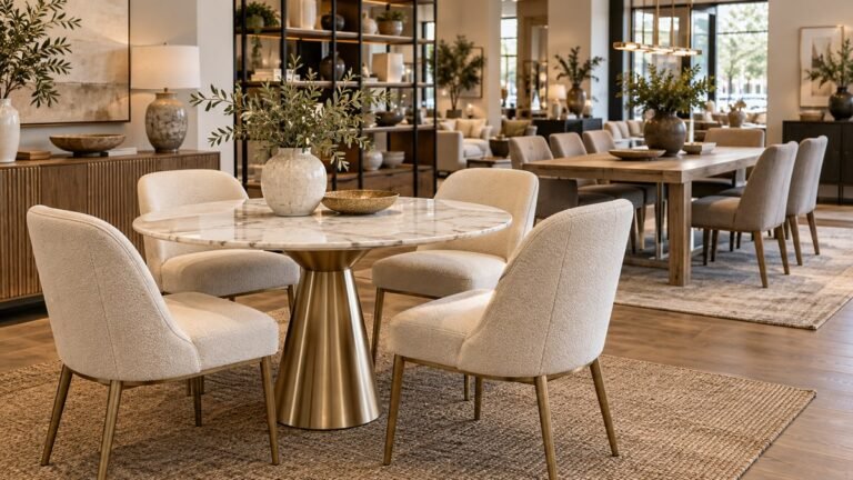 Concept furniture store with round and rectangular dining set displays