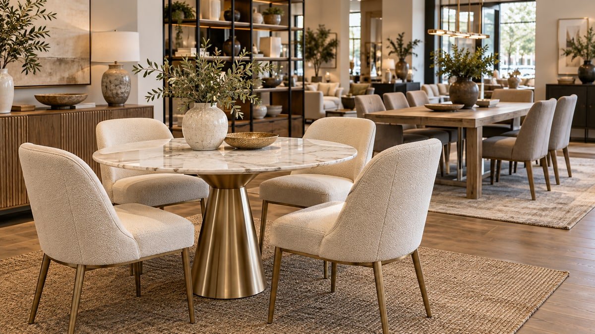 Concept furniture store showing different dining table and chair display roles